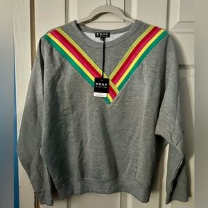 NWT Womens Gray Crewneck Sweater with Colorful V Stripes Poof New York LARGE